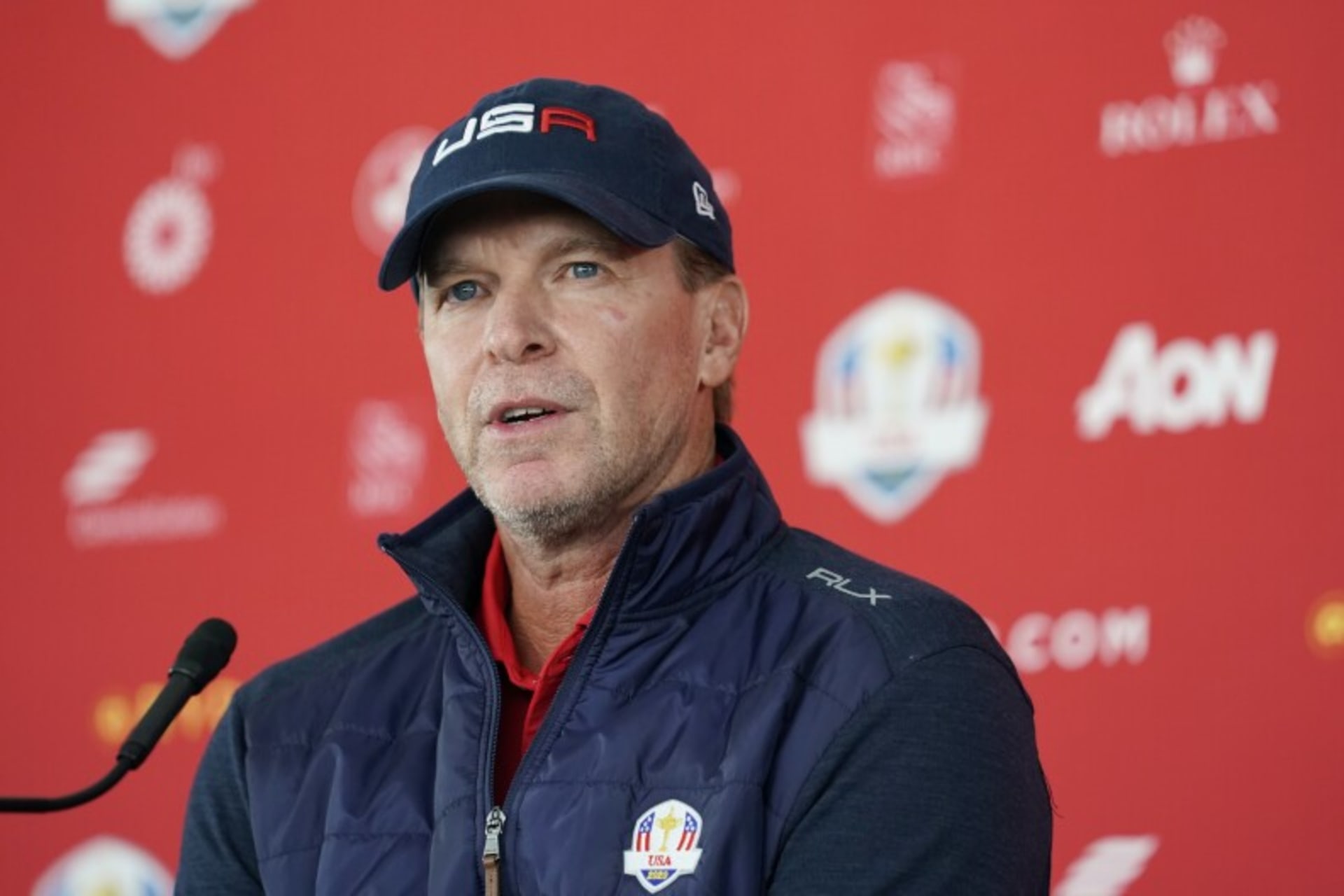 KOHLER, WISCONSIN - SEPTEMBER 08: U.S. Ryder Cup captain Steve Stricker speaks during the 43rd Ryder Cup Captain's Picks Press Conference at Whistling Straits on September 08, 2021 in Kohler, Wisconsin. Stricker announced Tony Finau, Xander Schauffele, Jordan Spieth, Harris English, Daniel Berger and Scottie Scheffler as his captain's picks.  (Photo by Patrick McDermott/Getty Images)Photo Credit: Getty Images